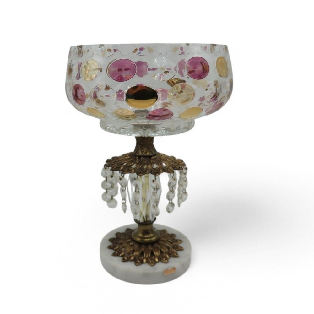 BOHEMIAN Clear Crystal Bowl With Polka Dots On Marble Base Czech Italian 11"